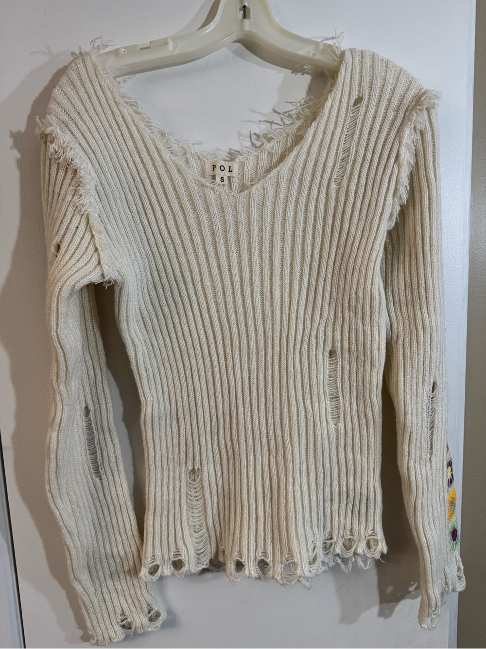 POL Cream Distressed Ribbed V-Neck Sweater with Embroidered Detail